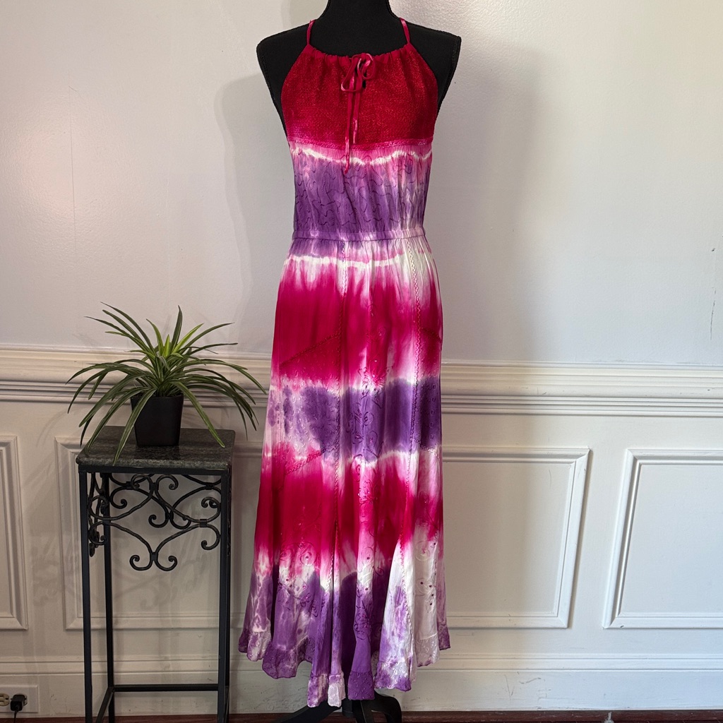 Nwt Raga Pink Purple Sleeveless Open Back Embroidered Tie-Dye Maxi Dress S